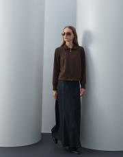 acı kahve triko fermuarlı kısa sweat