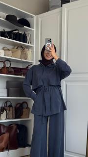 lacivert örme bağcık detaylı takım