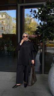 siyah yün karışımlı panço