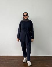 lacivert modal kuşak detaylı takım