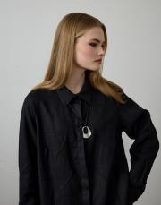 siyah %100 keten dikiş detaylı gömlek 4