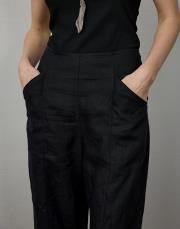 siyah %100 keten cep detaylı pantolon 4