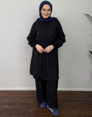 siyah keten dokulu nervür detaylı takım