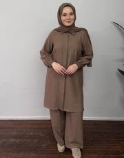 sütlü kahve keten dokulu nervür detaylı takım