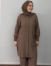 sütlü kahve keten dokulu nervür detaylı takım 2