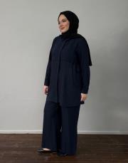 lacivert keten dokulu bağlama detaylı takım