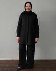 siyah keten dokulu bağlama detaylı takım