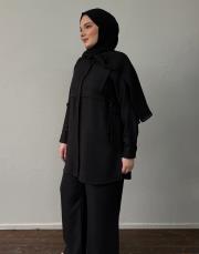 siyah lale keten dokulu bağlama detaylı takım 3