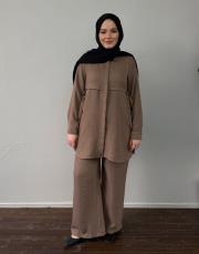 sütlü kahve keten dokulu bağlama detaylı takım