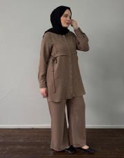 sütlü kahve keten dokulu bağlama detaylı takım 3