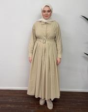 bej pamuklu pile detaylı elbise 2