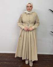 bej pamuklu pile detaylı elbise 3