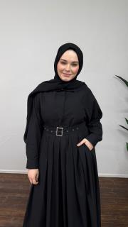 siyah pamuklu pile detaylı elbise 3