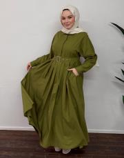 yağ yeşili pamuklu pile detaylı elbise 2
