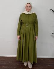 yağ yeşili pamuklu pile detaylı elbise 3