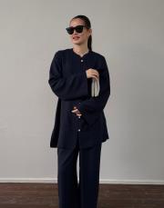 lacivert manolya keten dokulu britli takım 3