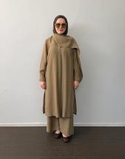 karamel tensel fular detaylı uzun takım 2